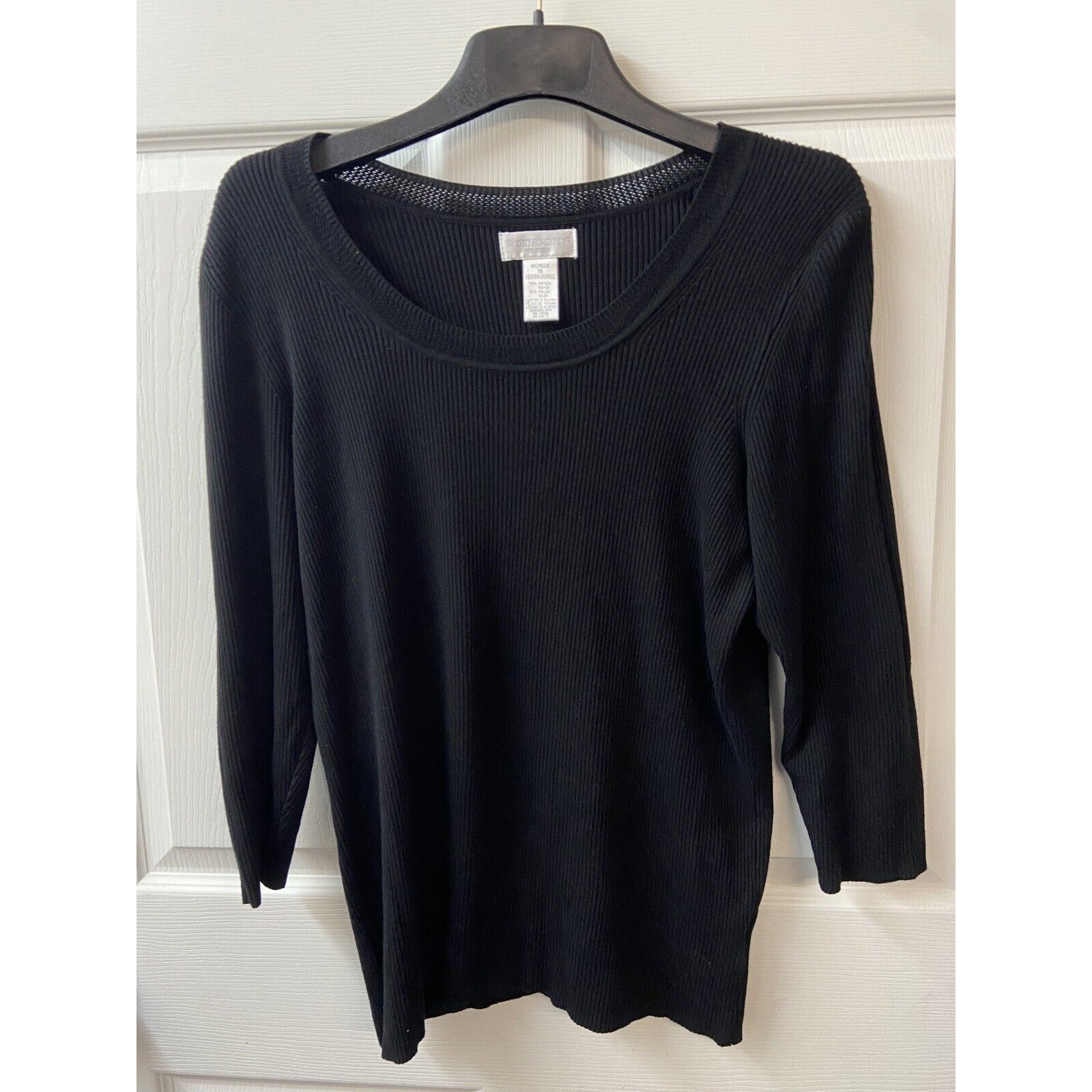 Worthington Woman Sweater Size 1x Black Round Neck Ribber 3/4 Sleeve Career Top